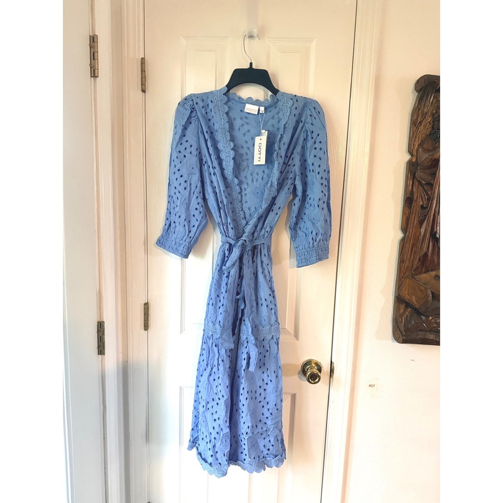 Dotti Blue Eyelet Lace Midi Wrap Dress Puff Sleeve Scalloped Trim NWT Small